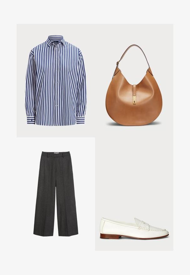 Polo Ralph Lauren RELAXED FIT STRIPED COTTON SHIRT - Bluza z gumbi - fall royal/white; Široke hlače iz temnosive tkanine. Imajo krojaški pas z obročki za pas, gladko teksturo in minimalne šive.; Bele usnjene loafers s teksturirano površino, zaobljenim prstom in tkanim poudarjanjem. Nizek leseni petelin in minimalističen dizajn.; Torbica iz svetlo rjave usnjene oblike s širokim ramenskim trakom. Ima zlatni kovinski poudarek na sredini in gladko teksturo.