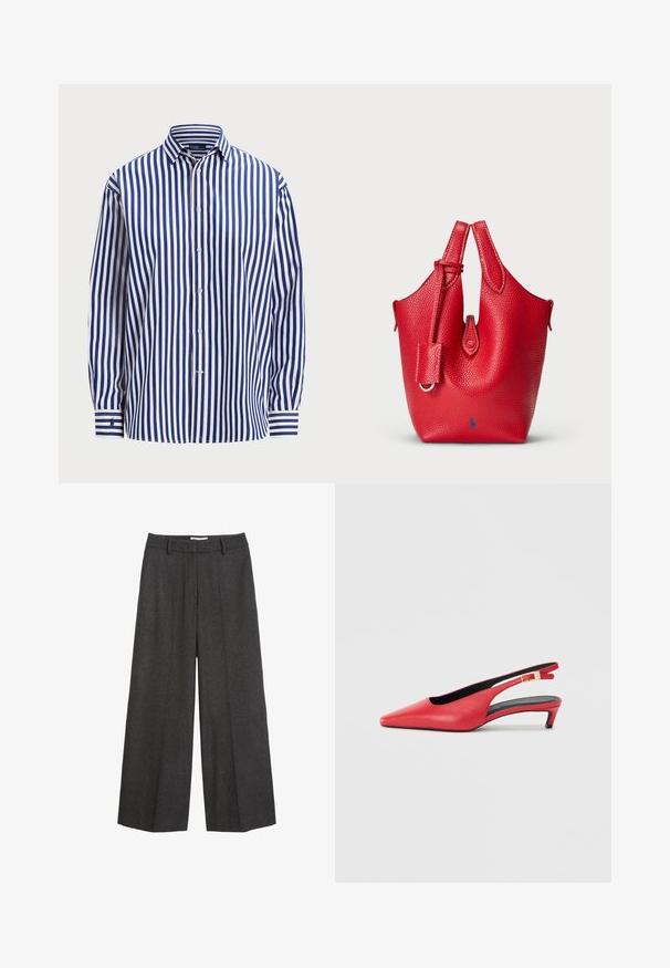 Polo Ralph Lauren RELAXED FIT STRIPED COTTON SHIRT - Nööpidega pluus - fall royal/white; Tumed hallid laiad püksid. Neil on kohandatud vöökoht koos vöörihmadega, sile/textuur ja minimaalne õmblusdetailide rõhutamine.; Punase nahklingid, millel on terav varvas, väikese kontsaga ja rihmale kinnitatud pannal. Sile tekstuur.; Punane nahast käekott tekstureeritud viimistlusega, kõver kuju, kahekordsed pealmised käepidemed ja väike eemaldatav aksessuaari silt. Omab sinist logo.