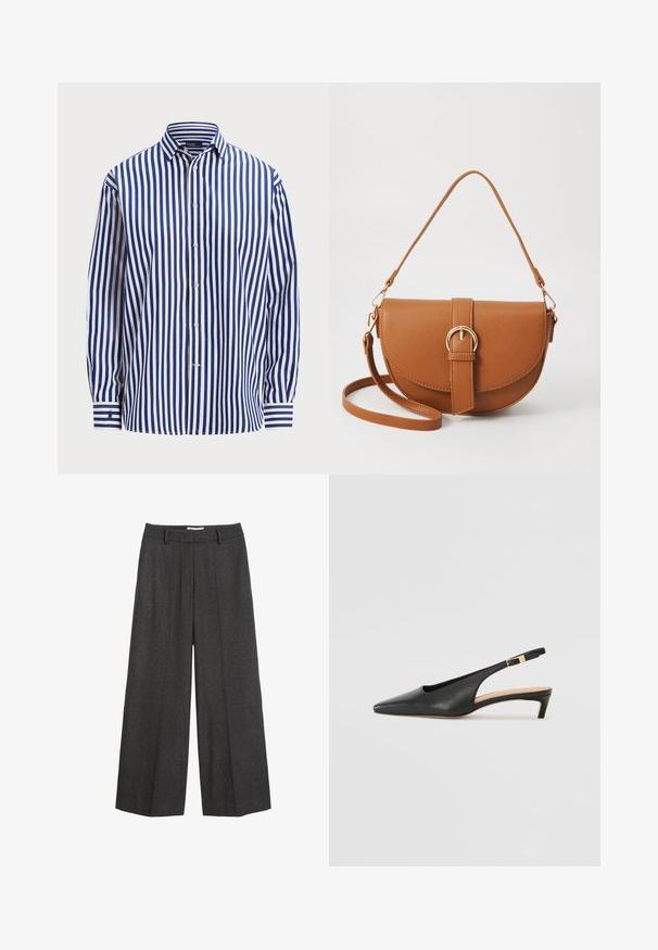 Polo Ralph Lauren RELAXED FIT STRIPED COTTON SHIRT - Blusa com botões - fall royal/white; Calças de perna larga em tecido cinza escuro. Possuem uma cintura estruturada com passantes para cinto, textura suave e detalhes de costura mínimos.; Sandal de salto em couro preto, com bico fino, salto baixo e uma corrente ajustável no tornozelo com um fecho em tom dourado. Textura suave.; Bolsa transversal de couro castanho com um formato curvado, ferragens douradas e um detalhe de fivela. Inclui uma alça de ombro destacável.