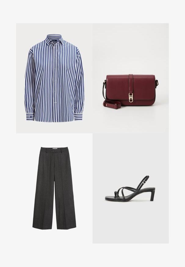 Polo Ralph Lauren RELAXED FIT STRIPED COTTON SHIRT - Pogājama blūze - fall royal/white; Platas kājas bikses tumši pelēkā audumā. Iezīmēts ar pielāgotu jostas vietu ar jostas cilpām, gludu tekstūru un minimālām šuvju akcents.; Melnas strappy sandales ar kvadrātveida purngaliem un zemu bloku papēdi. Ievērojamas ar vairākiem plāniem siksniņām un regulējamu potītes siksniņu. Izgatavotas no gludas ādas.; Tommy Hilfiger LIBRE FLAP CROSSOVER - Soma ar siksnu pāri ķermenim - deep rouge