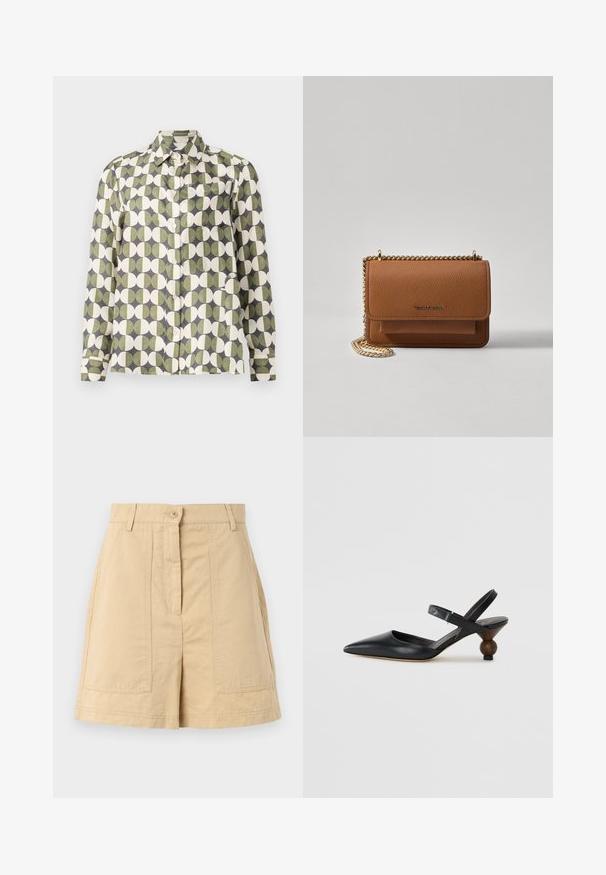 Krekliņš ar pogām, izgatavots no viegla auduma, ar atkārtotu zaļu un krēmkrāsas apļu rakstu uz pelēka fona. Iekļauj krūšu kabatu.; Beige kokvilnas šorti ar augstu jostasvietu, priekšējo pogu aizdari, jostas cilpām un divām priekšējām kabatām. Gluda tekstūra un rūpīgi veidots dizains.; Melnas ādas siksniņu kurpes ar smailu purngalu, izliektu dizainu un apaļu koka līdzīgu papēdi. Iekļauta šaura potītes siksna.; Brūna teksturēta ādas plecu soma ar zelta ķēdes siksnu un atloka aizdari. Priekšpusē ir logotipa detaļa un kabata zem atloka.