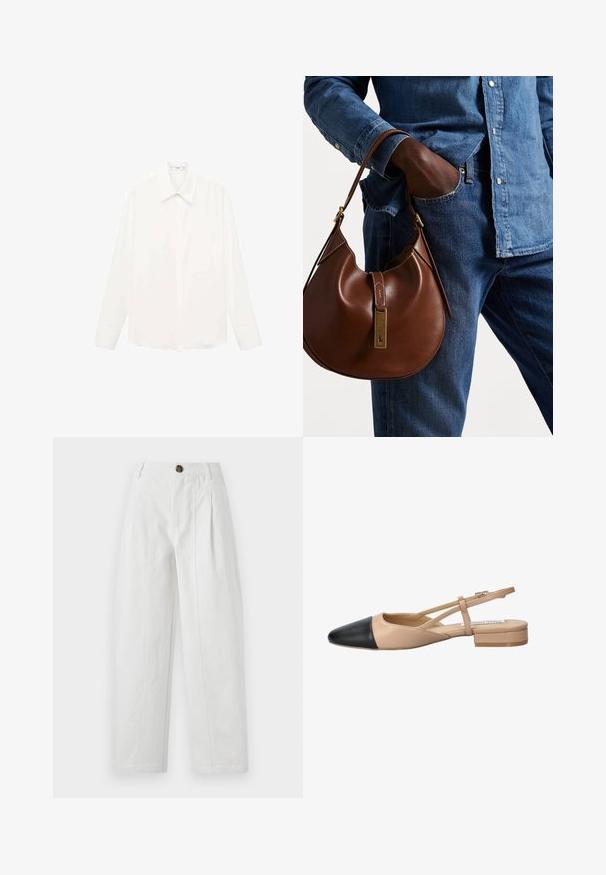 Hvid langærmet skjorte med klassisk krave, lavet af letvægtsstof, med knaplukning foran og en let løs pasform.; Hvide vide bukser i bomuld med en struktureret overflade. Har en brun knap, læg og sidelommer.; Beige og sort to-farvet slingback sko med spids tå, flad hæl og tværgående stropdetalje. Glat lædertekstur.; Brun læder hobo taske med en afrundet form, der har et guldhardware-element og kontraststing. Sammen med en denimskjorte og jeans.