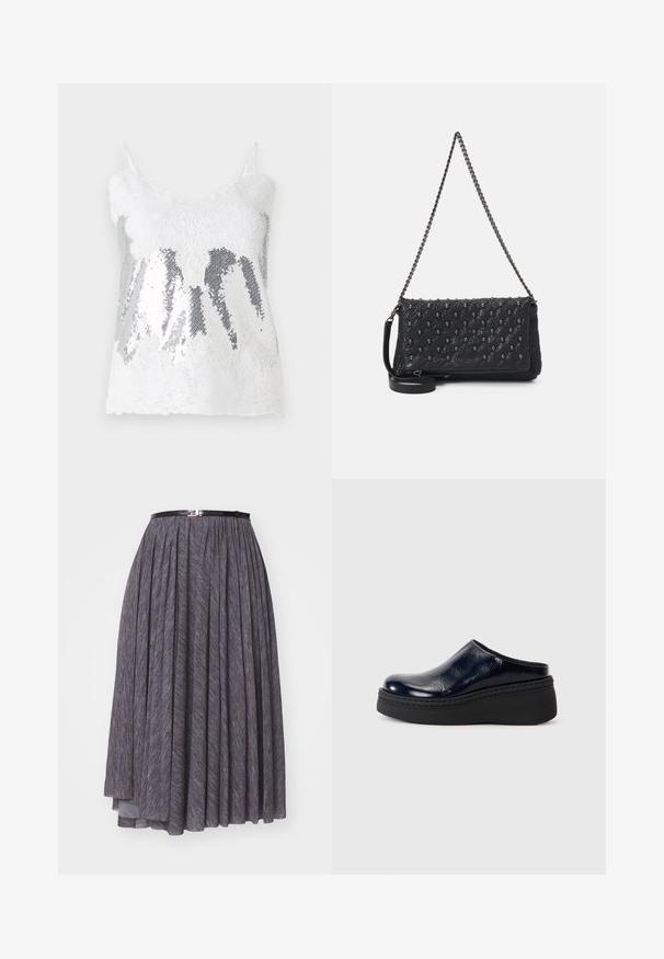 Biely čipkovaný top na ramienkach s telom pokrytým striebornými flitrami vytvárajúcimi gradientový efekt. Nastaviteľné tenké ramienka a čipkovaný lem so zúbkami.; Sivá plisovaná sukňa s čiernym pásom a kovovým uzáverom, vyrobená z textúrovanej látky, s dĺžkou pod kolená a voľným siluetom.; Námornícky modrý lakovaný kožený clogs so hladkým povrchom, ktorý má hrubú čiernu platformu a viditeľné švy pozdĺž spodnej časti.; Čierna prešívaná kožená taška s reťazovým popruhom, zdobená akcentmi lebky a so zipsovým uzatváraním. Textúrovaný povrch s lesklým povrchom.