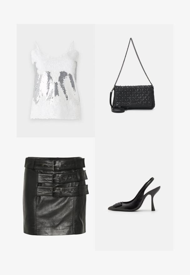 Balta nėriniai marškinėliai su sidabro blizgučiais, kurie sukuria gradientinį efektą. Reguliuojamos plonos petnešos ir banguotas nėrinių apvadas.; Juoda odinė mini sijonas, kuris turi kelis plačius diržus su sagtimis ir metalinėmis skylutėmis. Paskirstyta tekstūra su struktūrizuotu dizainu.; Juoda odinė slingback tipo avalynė su smailiu pirštu, siauru aukštu kulnu ir dekoratyvine kaspino akcentu. Lygi tekstūra ir elegantiškas dizainas.; Juodas apklijuotas odinis krepšys su grandinės dirželiu, papuoštas kaukolės akcentais ir užtrauktuku. Strukturizuotas paviršius su blizgiu apdailu.
