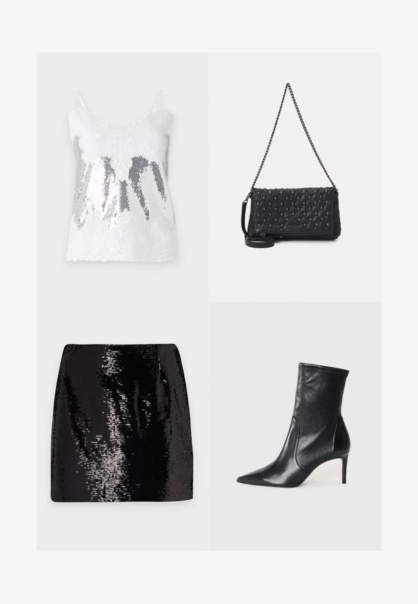Bílý krajkový top bez rukávů s korzetem ze stříbrných flitrů, který vytváří gradientní efekt. Nastavitelné tenké ramínka a krajkový lem s vlnkami.; Černá mini sukně se sekvencemi, s přiléhavým střihem, vysokým pasem a lesklou texturou, obsahující odrazové detaily a elegantní siluetu.; Černé kotníkové boty vyrobené z hladké kůže, s špičatou špičkou, těsným svrškem a tenkým vysokým podpatkem. Minimalistický design bez viditelné mechaniky.; Černá prošívaná kožená taška s řetízkovým popruhem, zdobená lebkami a se zipovým uzávěrem. Texturovaný povrch s lesklým finišem.