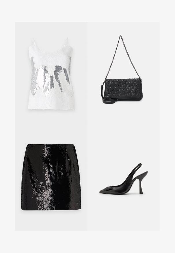 Balts mežģīņu topiņš ar sudrabainu pērlīšu bodi, kas rada gradienta efektu. Regulējamas plānas siksnas un viļņota mežģīņu apakšmalā.; Melna spīdīga mini svārku ar pieguļošu piegriezumu, augstu jostu un spīdīgu tekstūru, kurai ir atstarojoši virsmas detaļas un elegantais siluets.; Melnas ādas sārta kurpes ar smailu purngalu, šauru augstu papēdi un dekoratīvu loku akcentu. Gluda tekstūra un elegants dizains.; Melnā iešūta ādas soma ar ķēdes siksnu, ar īkšķa akcentiem un ar rāvējslēdzēju. Tekstūrēta virsma ar spīdīgu apdari.