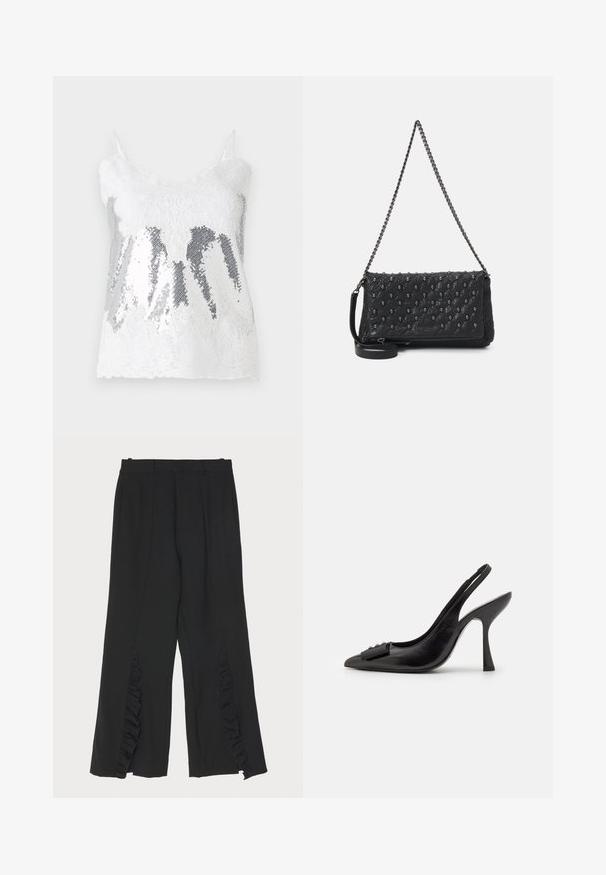 Valkoinen pitsitoppi, jonka bodysuunnittelu on hopeavilkaisia paljetteja luoden värigradientin. Säädettävät ohuet hihnat ja aaltoileva pitsireunus.; Mustat housut, joissa on leveä lahjerakenne, reunat rypytetyillä yksityiskohdilla sivusaumoissa ja tasainen vyötärö. Sujuva kangas, hienosti muotoiltu leikkaus.; Musta nahka slingback-kengät, joissa on terävä kärki, kapea korko ja koristeellinen rusetti. Sileä pinta ja tyylikäs muotoilu.; Mustekka nahkainen laukku, jossa on ketjuolkaimet, pääkallon yksityiskohdat ja vetoketjukiinnitys. Rakenne on teksturoitu ja siinä on kiiltävä pinta.