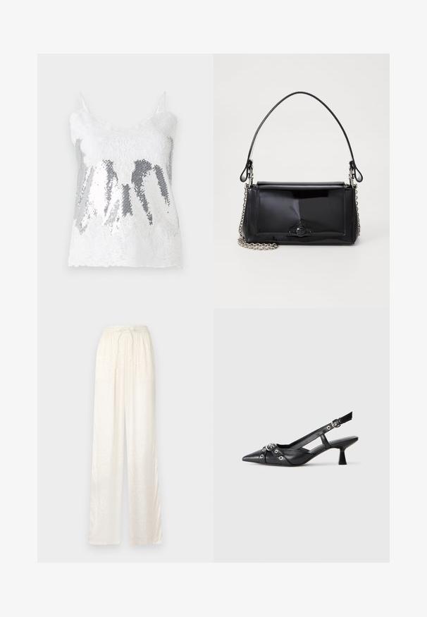 White lace tank top featuring a bodice of silver sequins creating a gradient effect. Adjustable thin straps and a scalloped lace hem.; White, loose-fitting pants with a lightweight, satin-like texture. Feature an elastic waistband with a tied drawstring and subtle pattern.; Black leather slingback shoe with a pointed toe, decorative straps featuring metal eyelets, and a low block heel. Textured surface.; Black patent leather handbag with a rectangular shape, chain strap, and a distinctive hardware accent in the center. Smooth texture.