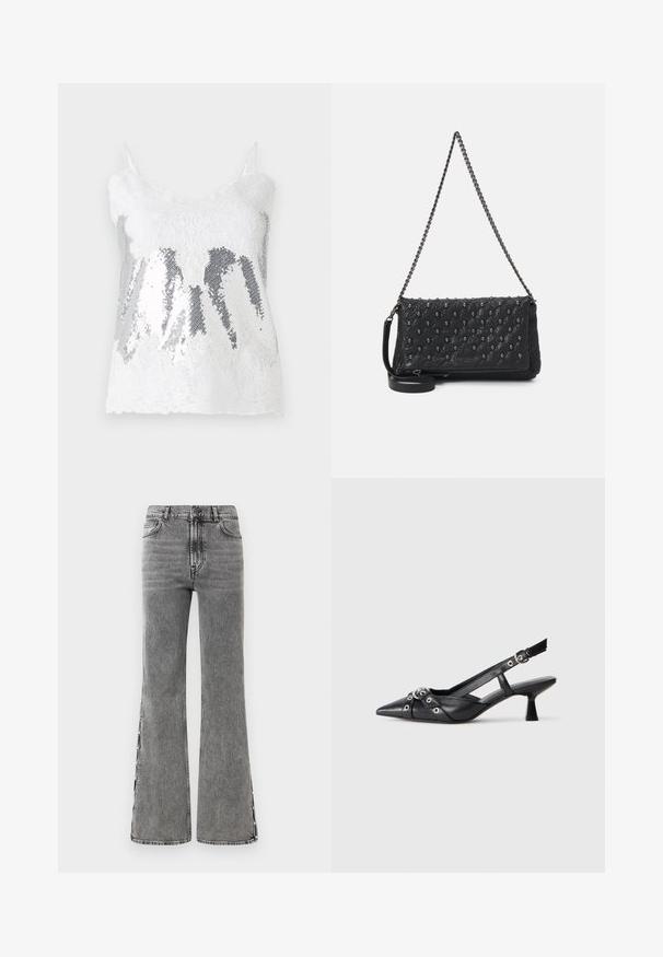 White lace tank top featuring a bodice of silver sequins creating a gradient effect. Adjustable thin straps and a scalloped lace hem.; Flared black denim jeans with a high waist. Features visible stitching and side slit details, offering a textured look.; Black leather slingback shoe with a pointed toe, decorative straps featuring metal eyelets, and a low block heel. Textured surface.; Black quilted leather bag with a chain strap, featuring skull accents and a zip closure. Textured surface with a glossy finish.