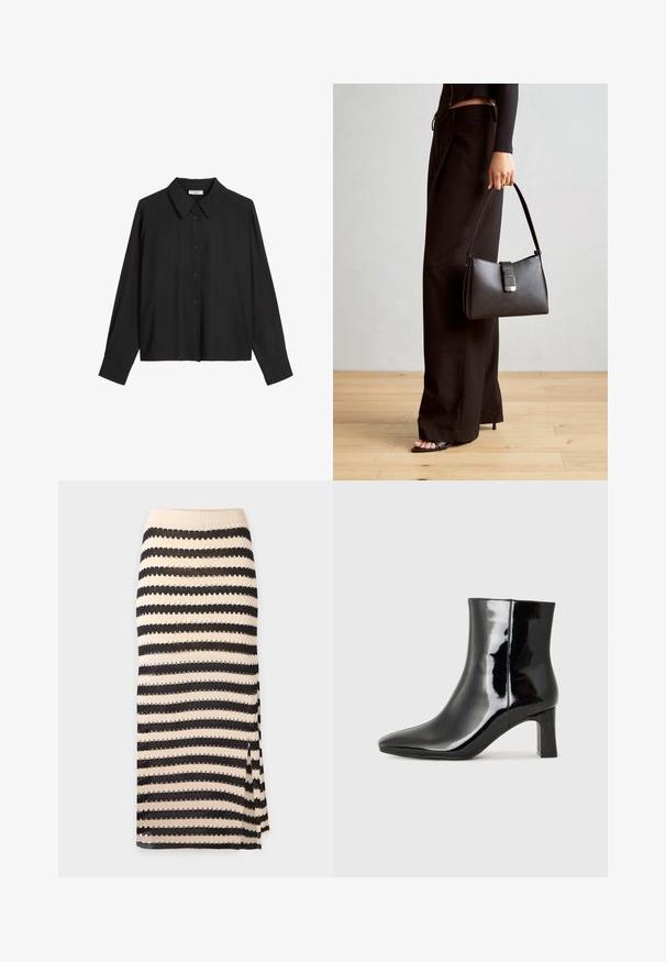 Svart langermet skjorte med klassisk krage, frontknapplukking, og en glatt tekstur. Boksformet passform med oppbrettede ermer.; Strikket blyantskjørt med horisontale svarte og beige striper, med en bølgete tekstur og en sidelomme for ekstra detaljer.; Sorte patentlær ankle boot med spiss tå og en mellomhøy blokkhelt. Glatt tekstur og minimalistisk design.; Svart håndveske med strukturert form, jevn tekstur og metallisk lås. Kombinert med brede svarte bukser og sandaler med åpen tå på tregulv.