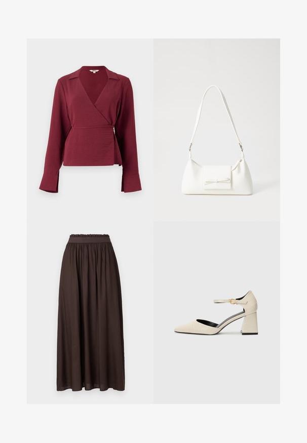 Blusa envolvente burdeos con mangas largas, cuello con muesca y detalle de lazo en la cintura, que presenta una tela texturizada y puños de mangas acampanados.; Falda marrón de longitud hasta el tobillo, hecha de una tela suave. Cintura elástica con textura fruncida, que ofrece un ajuste relajado. Diseño sencillo, sin patrones.; Zapatos de tacón cuadrado de imitación cuero en beige, con puntera puntiaguda, tira en el tobillo y sutil detalle de textura de cocodrilo. Forro interior negro.; Bolso sintético blanco con forma triangular, tapa frontal plana y detalle de lazo, correa ajustable, textura suave y diseño minimalista.