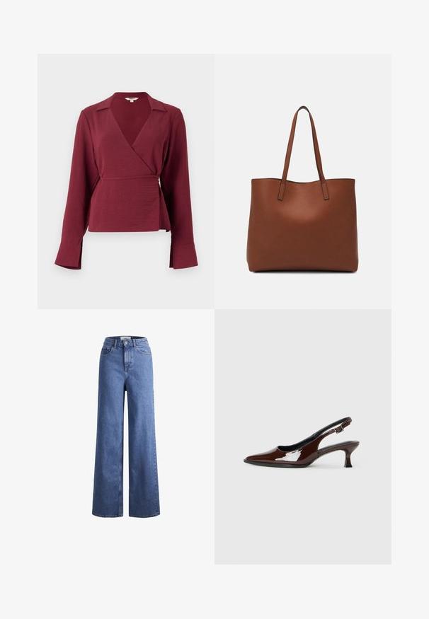 Burgunderfarget innpakningsbluse med lange ermer, en skråkrage og en knytedetalj i midjen, laget av et teksturert stoff med utsvingte ermeender.; Lyseblå denim vide benbukser med høy midje, to frontlommer og synlig søm. Har knapp- og glidelås-lukking.; Brune patentlæder slingback sko med spids tå og moderat hæl. Har en spænde rem for sikker pasform. Glat tekstur.; Brun lær tote veske med en jevn tekstur, åpen toppdesign og to skulderstropper. Har minimal søm og ingen synlige spiker.