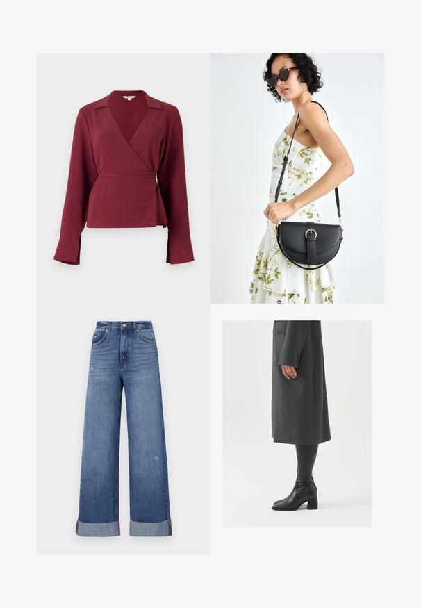 Bordo apvyniojimo bliuska su ilgomis rankovėmis, iškarpytu apykakle ir raišteliu juosmens dalyje, pasižyminti tekstūruotu audiniu ir platėjančiomis rankovių apačiomis.; Plačios kojos, aukšto liemens džinsai iš išblukusio mėlyno džinsinio audinio. Yra siūtos kišenės, mygtuko uždarymas ir apvyniotų rankogalvių detalės.; Pilkas pritaikytas paltas su tiesiu kirpimu; derinamas su juodais odiniais batais iki kelių, turinčiais kvadratinį pirštą ir storą kulną.; Juodas odinis krepšys su išlenkta forma, nuimamu dirželiu ir auksiniais detalėmis. Krepšys turi kilpą su sagtimi.