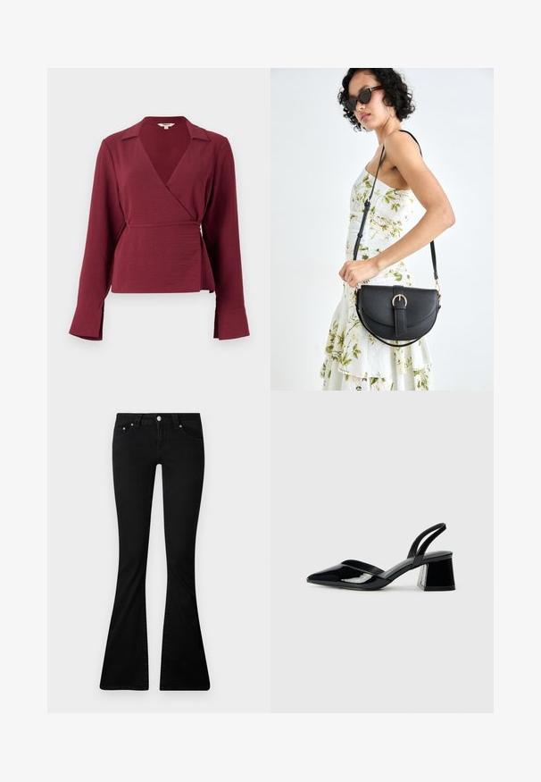 Burgundijas krāsas apkakles krekls ar garām piedurknēm, ar iegrieztiem kakla malām un sasienamu detaļu jostas vietā, izgatavots no teksturēta auduma un ar izplešanos piedurkņu galos.; Melni platā kāja džinsi izgatavoti no denima, ar priekšējo pogu aizdari, divām priekšējām kabatām un pieguļošu dizainu, kas paplašinās zem ceļgaliem.; Melna lakota āda ar atvērto papēdi, ar smailu purngalu un ģeometrisku blokpapēdi. Iezīmējas elegants, minimāls dizains un gluda tekstūra.; Melnas ādas rokassoma ar izliekta formu, noņemamu siksnu un zelta aksesuāriem. Somai ir vāciņš ar sprādzes detaļu.