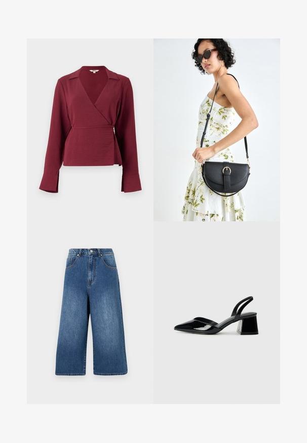 Blusa envolvente burdeos con mangas largas, cuello con muesca y detalle de lazo en la cintura, que presenta una tela texturizada y puños de mangas acampanados.; Culottes de mezclilla en azul medio con cintura alta, piernas anchas, cinco bolsillos y un ligero desvanecimiento, con cierre de botón metálico y cremallera.; Zapatos de tacón slingback de charol negro con punta afilada y tacón geométrico en bloque. Presentan un diseño elegante y minimalista, así como una textura suave.; Bolso de piel negra con forma curva, correa desmontable y herrajes dorados. El bolso cuenta con una solapa con un detalle de hebilla.