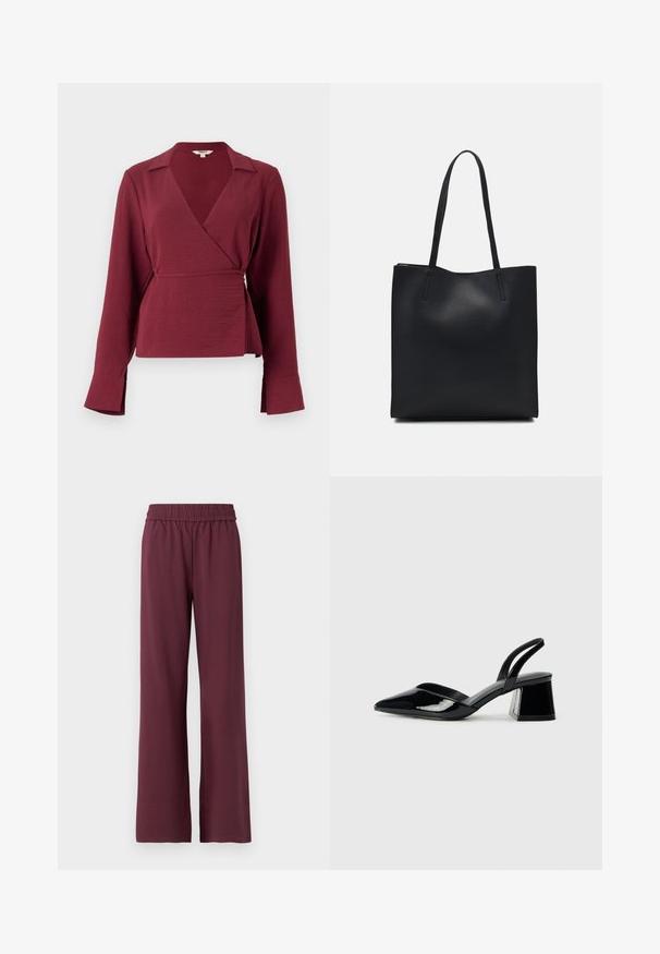 Burgundia värvi ümbritsev pluus pika varrukaga, läbilõikega krae ja sidumisdetailiga vööl, millel on tekstureeritud kangas ja sirged varrukaservad.; Burgundi laiad püksid elastse vöökohtaga, valmistatud pehmest kangast, millel on sile tekstuur ja mugav lõige.; Mustad musta lakknahk kingad, millel on terav varvas ja geomeetriline plokkkonts. Omab elegantselt minimalistlikku disaini ja sujuvat tekstuuri.; Mustast nahast kott sujuva tekstuuriga, ristkülikukujuline ja kahe pika sangaga. Pole nähtavat riistvara ega kaunistusi.