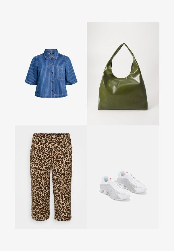 Kurzarmpje Jeansjacke in Dunkelblau mit weißen vertikalen Streifen, Knopfverschluss, Kragen und Fronttasche. Glatte Textur und lässiges Design.; Leopardenmuster-Hosen aus weichem Stoff. Sie verfügen über einen elastischen Bund, eine verkürzte Länge und ein Muster aus schwarzen und braunen Flecken auf einem beigen Hintergrund.; Weiße Sportschuhe mit grauen Akzenten, die eine strukturierte Oberseite, Belüftungsperforationen und eine segmentierte Ferse für Dämpfung aufweisen.; Grüne Leder-Hobo-Tasche mit einem lässigen Design, gebogenem Griff und glatter Textur. Enthält keine sichtbaren Beschläge oder Akzente.