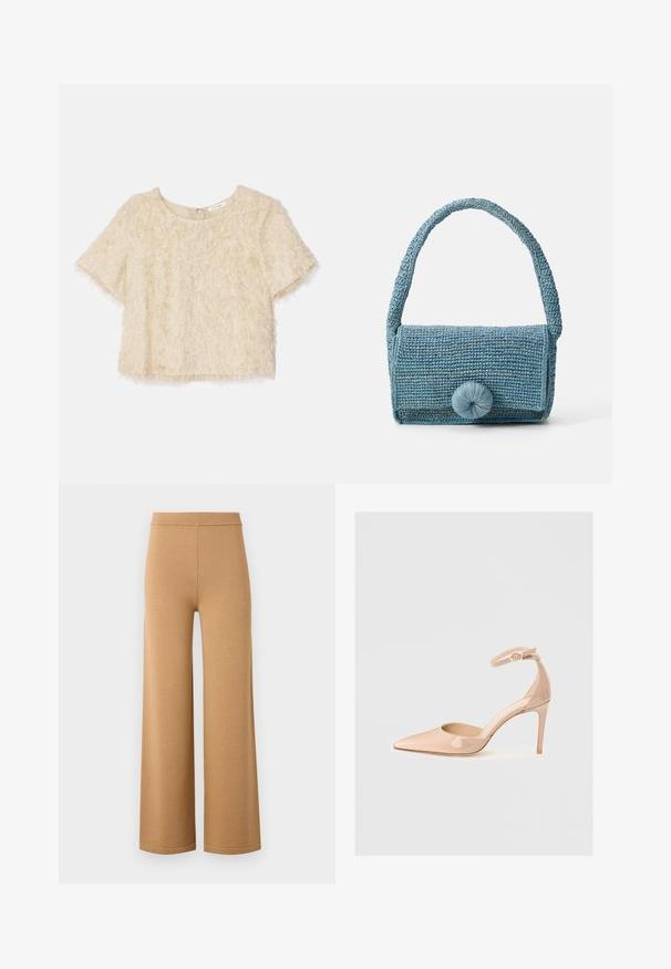 Rövid ujjú, cropped felső világos bézs színben, bolyhos textúrával és rejtett hátsó cipzárral rendelkező, kerek nyakkivágással.; Széles lábú, bézs nadrág, puha, rugalmas anyagból, magas elasztikus derékpánttal és letisztult, egyszerű varrásokkal.; Meztelen színű, lakk bőr, hegyesorrú cipő bokapánttal és stiletto sarkal, sima textúrával és minimalista dizájnnal. ; Szövetelt kék kézitáska texturált felszínnel, téglalap alakú, rövid fogantyúval és nagy, kerek záródási részlettel az elején.