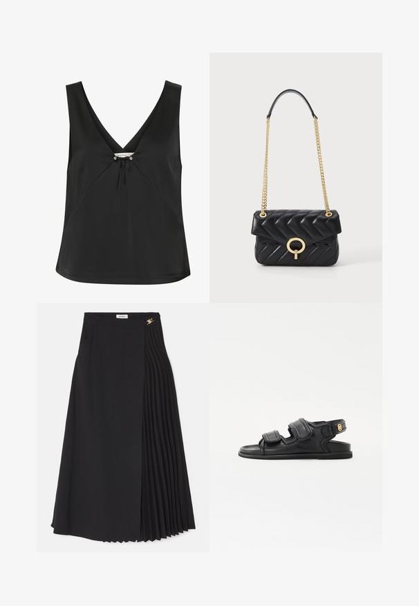 Svart ermeløs topp med V-hals, med en dekorativ knute og sølvfargede detaljer i midten, laget av glatt, elegant stoff.; Svart midiskjørt med plisserte detaljer på den ene siden, laget av lett stoff med skjult glidelås og sidelommer.; sandro Sandaler - noir; Svart quilted skinnveske med en gullkjede-rem, har en rund gullspenne og klaff-lukking. Kompakt rektangulær form.