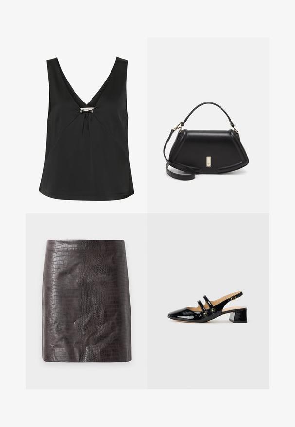Svart ermeløs topp med V-hals, med en dekorativ knute og sølvfargede detaljer i midten, laget av glatt, elegant stoff.; Krokodillemønstrets kort skjørt i mørkebrunt, med en glatt tekstur og en tettsittende silhuett med en lett utafor hém.; Sorte lakkert skinn slingback-sko med spiss tå, to stroppedetaljer, gullrunde detaljer og en lav blokkhæl.; Sort lærveske med en strukturert design, som har en avkortet form, topphåndtak og detaljer i gull. Justerbar skulderstropp inkludert.