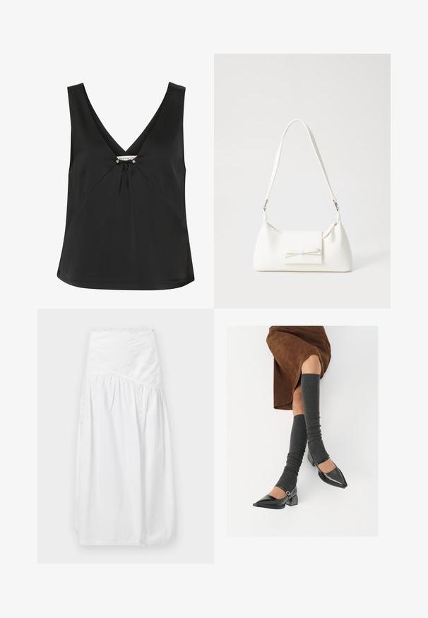 Black sleeveless top with a V-neck, featuring a decorative knot and silver-tone accents at the center, made from smooth, elegant fabric.; sandro JUPE - Maxi skirt - blanc; Black patent leather pointed-toe shoes with a block heel and ankle strap, paired with gray ribbed leg warmers and a brown suede skirt.; White synthetic handbag with a triangular shape, flat front flap and bow detail, adjustable strap, smooth texture, and minimalistic design.