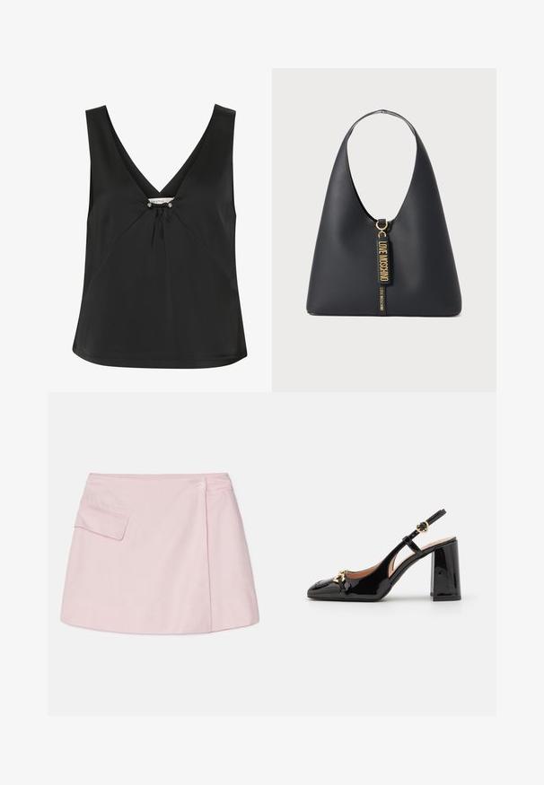 Top negru fără mâneci, cu decolteu în V, având un nod decorativ și accente de ton argintiu în centru, realizat dintr-un material fin și elegant.; Fustă mini din in roz, cu un tiv curbat, buzunar lateral și o închidere cu un singur buton la talie. Textură netedă și design simplu.; Cizme elegante din piele patent neagră cu vârf ascuțit, toc bloc lat, detalii decorative din aur și curea texturată.; Geantă de umăr din piele neagră, cu o curea lată, accesorii aurii și două etichete suspendate cu inscripția "LOVE MOSCHINO" în litere aurii.
