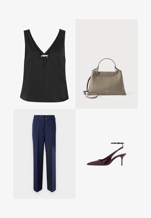 Top negru fără mâneci, cu decolteu în V, având un nod decorativ și accente de ton argintiu în centru, realizat dintr-un material fin și elegant.; Pantaloni tailorizați de culoare bleumarin, cu un design drept, având o textură netedă și un mic accent în formă de inimă pe talie.; Pantofi cu toc slingback din piele la lac Burgundy, cu vârf ascuțit, curea subțire la gleznă și toc stiletto de înălțime medie, pe fundal alb.; Geantă din piele gri texturată, cu un mâner superior și o curea de umăr ajustabilă, având un design minimalist și o marcă subtilă embosată pe față.