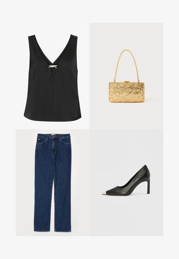 Black sleeveless top with a V-neck, featuring a decorative knot and silver-tone accents at the center, made from smooth, elegant fabric.; Denim jeans in dark blue, straight-leg design, five-pocket style, with a sturdy waistband and visible stitching details.; Black leather high heel shoe with a pointed toe and a metallic silver cap. Features a smooth finish and a slender 10 cm heel.; Gold sequin clutch with a rectangular shape, featuring a twisted chain handle and a metal clasp closure, reflecting light with a textured finish.