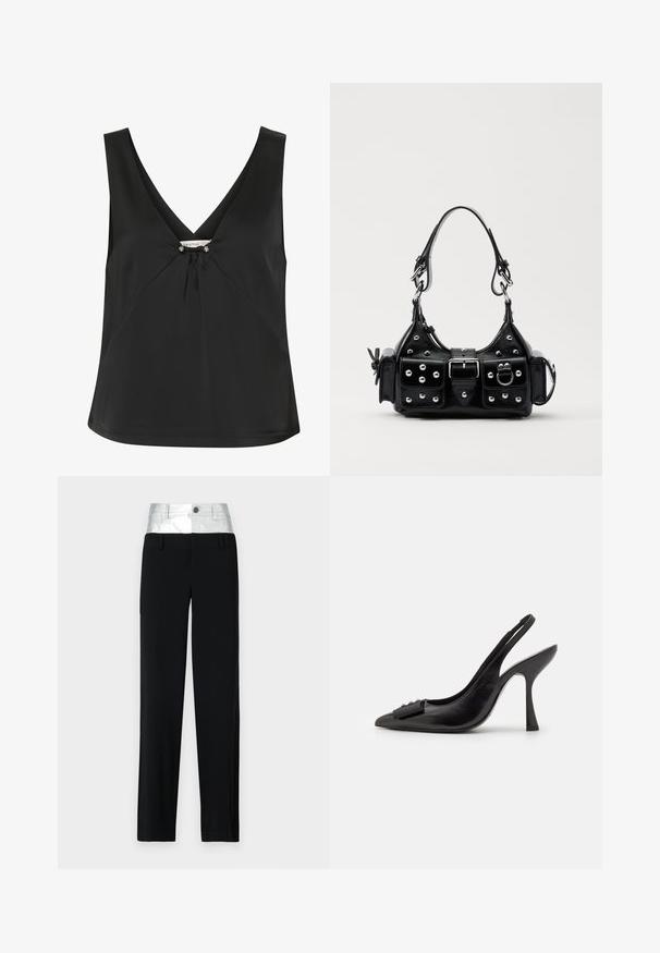 Top negro sin mangas con escote en V, que presenta un nudo decorativo y acentos en tono plateado en el centro, fabricado con una tela suave y elegante.; Pantalones negros con una cinturilla plateada brillante. Cuenta con un cierre de botón y cuatro bolsillos, con un corte entallado y un diseño de pierna recta.; Zapato slingback de piel negra con punta afilada, tacón alto delgado y un lazo decorativo. Textura suave y diseño elegante.; Bolso de mano de cuero negro con un diseño curvado, que cuenta con tachuelas plateadas, una hebilla y dos bolsillos laterales. Correa ajustable para opciones de transporte.