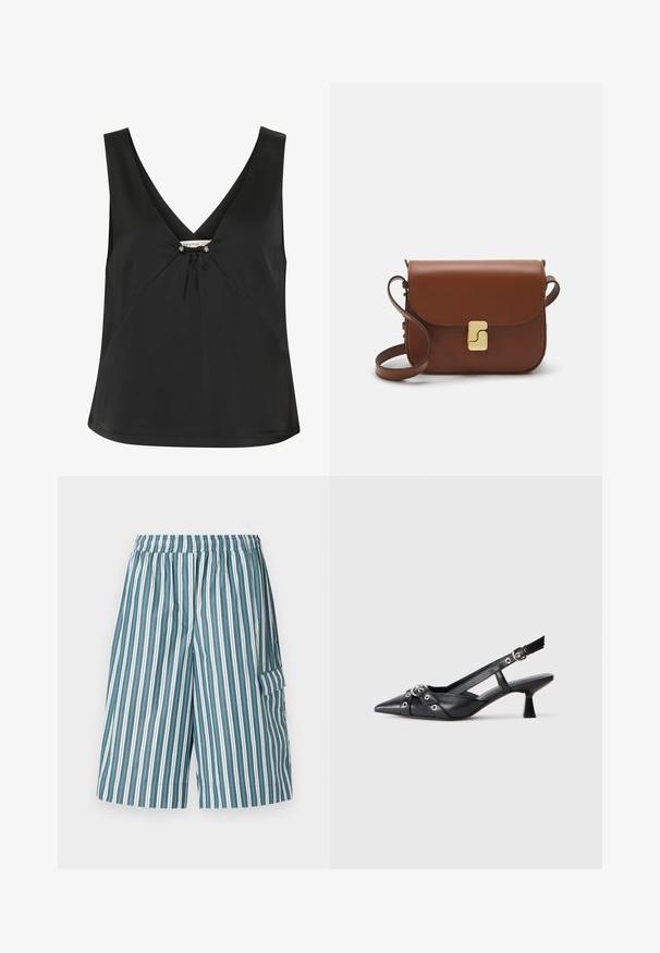 Črn brezrokavnik z V-izrezom, ki ima dekorativno vozlišče in srebrne poudarke na sredini, izdelan iz gladkega, elegantnega materiala.; Črtaste hlače s elastičnim pasom, ki imajo izmenične zelene, bele in modre navpične črte ter stranski žep. Lahka tkanina.; Črne usnjene sandale središnje zaponke z ostro konico, okrasnimi trakovi z kovinskimi očesi in nizko blokasto peto. Teksturirana površina.; Rjava usnjena torbica s poklopcem, zlato obarvani okovi, naramnica in gladka tekstura. Kompaktna pravokotna oblika.