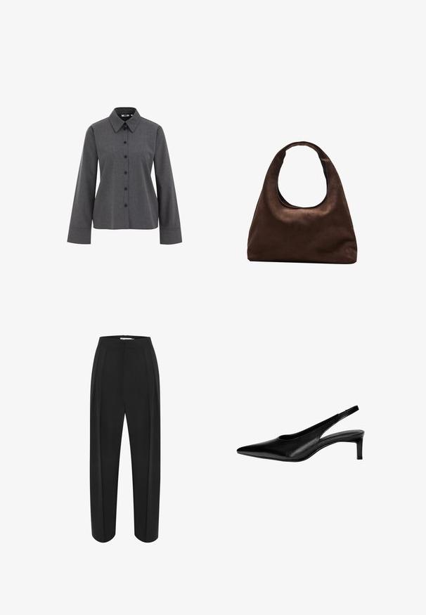 WE Fashion - Bluzka; Czarne spodnie o szerokich nogawkach i wysokim stanie, z gładką teksturą i dwoma plisami z przodu. Zaprojektowane w czysty, dopasowany fason.; Czarne skórzane buty typu slingback z ostrym noskiem, niskim obcasem i wycięciami po bokach. Gładka tekstura z eleganckim wyglądem.; Miękka, brązowa torebka w stylu hobo z jedną szeroką rączką i wyprofilowanym otwarciem, wyeksponowana na białym tle.