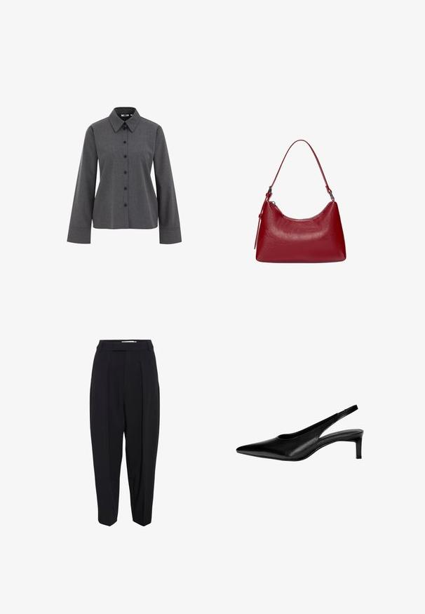 WE Fashion Cămașă - grey; Pantaloni negri, croiți pe corp, cu talie înaltă, având pliseuri și un design cu picior îngust și scurt. Material neted cu o finisare mată.; Pantofi slingback din piele neagră cu vârf ascuțit, toc jos și design cu decupaj pe laterale. Textură netedă, cu un aspect elegant.; Geantă de umăr din piele roșie, cu un design curbat, textură netedă și închidere cu fermoar. Dispune de un mâner subțire pentru transport.