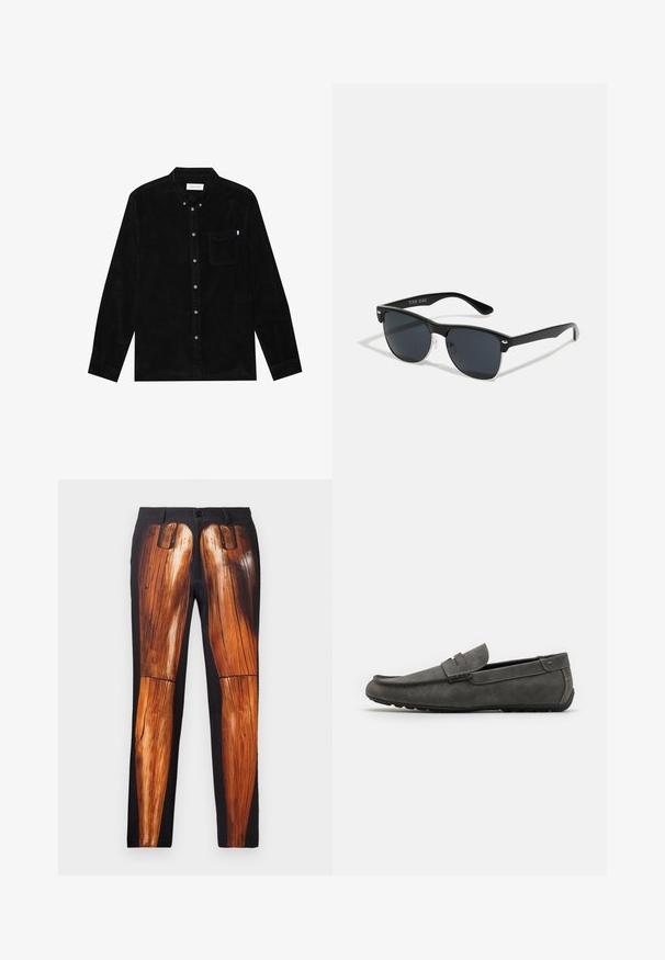Fekete kordbársonyos ing gombos gallérral, hosszú ujjakkal, elöl gombzárral és bal oldali mellzsebbel. Finom bordázott textúrával rendelkezik.; Fekete nadrág fából készült lábakat ábrázoló grafikai nyomattal, sima textúrával és fényes kontrasztos felülettel, matt háttérrel.; Szürke velúr loafer, lekerekített orral, varrott részletezéssel és lapos gumitalppal. A cipő sima textúrával rendelkezik, és elöl egy csatt kiegészítő található.; Fekete napszemüveg, téglalap alakú, sötét lencsékkel, ezüst részletekkel a szárakon, és matt felülettel a kereten.