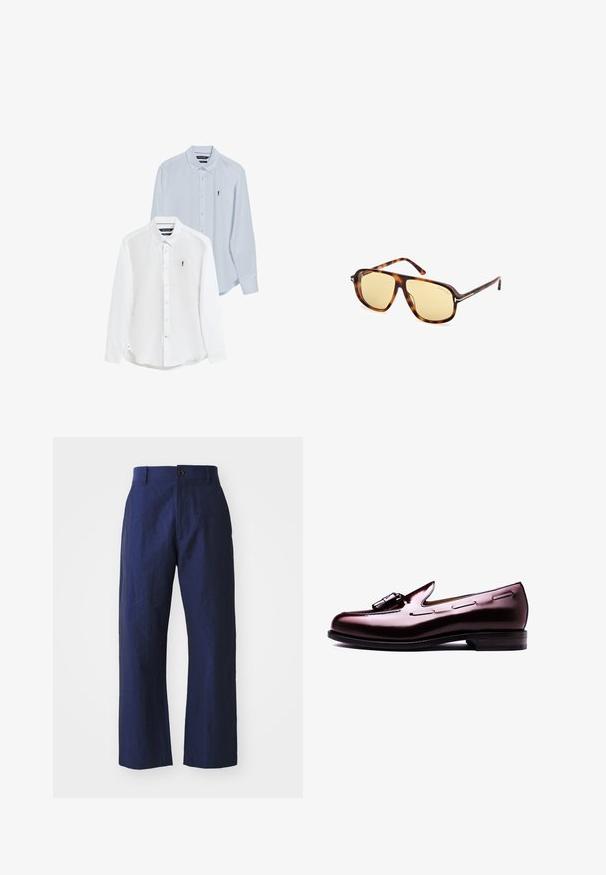 Twee overhemden met knopen: één wit en één lichtblauw. Beide hebben lange mouwen, een kraag en een klein logo op de borst.; Navyblauwe linnen broek met een losse pasvorm, rechte pijpen, sluiting met een voorknop en subtiele textuur. Schoon ontwerp, geen versieringen.; Bruine lederen loafers met een glanzende afwerking, voorzien van een opvallende decoratieve gesp en stiksels langs de zijkanten, en een ronde neus.; Zonnebril met een schildpadprint acetaat frame, gele getinte lenzen, vierkante vorm en metalen accenten op de pootjes.