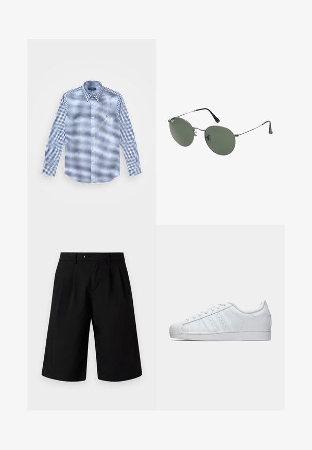 Blue and white checkered long-sleeve shirt with a button-down collar and a small embroidered logo on the chest. Cotton material.; Jack & Jones JPSTBILL FLINT - Shorts - black; White leather sneaker with a textured rubber toe cap, three side stripes, and a cushioned collar. Flat white laces and a minimal design.; Metal-framed sunglasses with oval green lenses. Thin silver metal frame and black ear tips. Minimalist design, no visible logos.