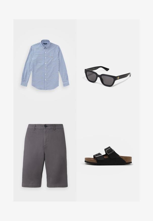 Camisa de cuadros azul y blanca de manga larga con cuello abotonado y un pequeño logo bordado en el pecho. Material de algodón.; Pantalones cortos grises de tela de mezcla de algodón, con cierre de botón, bolsillos laterales y un diseño limpio y recto.; Sandalias de ante negro con dos correas ajustables, hebillas de plata y una plantilla de corcho. Cuenta con una suela negra texturizada para mayor agarre.; Gafas de sol rectangulares negras con acabado brillante, lentes oscuros y detalle en dorado en las patillas con el logotipo.