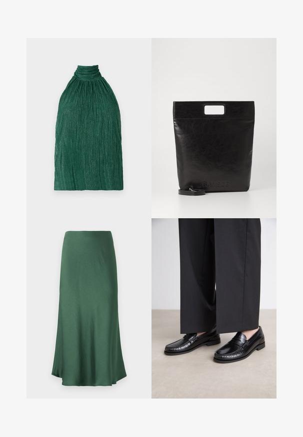 Top plisado verde con cuello alto. Hecho de una tela texturizada, que presenta un diseño fruncido y costillas verticales para mayor dimensión.; Falda de un verde oscuro, de media longitud, hecha de un tejido suave y ligero. Presenta un diseño sencillo en forma de A con un ligero vuelo en el dobladillo.; Mocasines de cuero negro con un acabado suave, con costuras alrededor de la punta y una suela de goma baja. Combinados con pantalones anchos negros.; Bolsa tote de cuero negro con un asa cuadrada, que presenta un acabado texturizado y un logo en relieve. Incluye una correa desmontable.