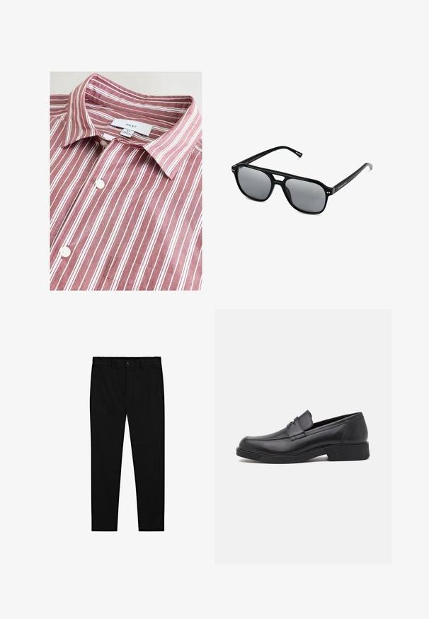 Maroon and white striped collared shirt, cotton material, featuring a button closure, chest pocket, and a brand label on the collar.; White cotton tank tops, sleeveless design, round neck, plain texture, featuring a soft, lightweight fabric. Two pieces displayed.; Black tailored trousers with button closure, belt loops, and slim straight legs, displayed on a white background.; Black leather loafer with a rounded toe and stitched detailing. Features a flat sole and a slight heel for added elevation.; Black sunglasses with rectangular frames, gray tinted lenses, and a bridge cutout design. Sleek, glossy plastic material, with narrow temples.