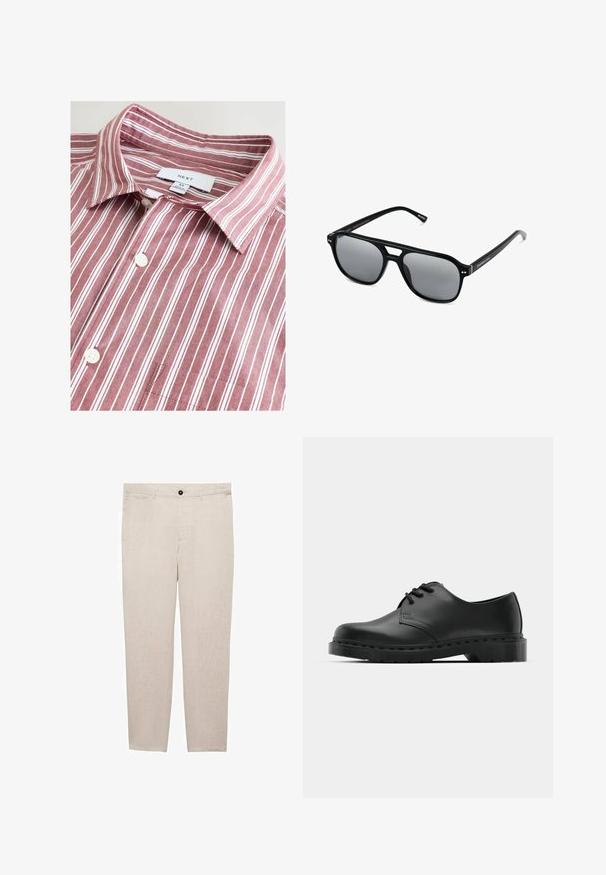 Koszula w prążki w kolorach maroon i białym, wykonana z bawełny, z zapięciem na guzik, kieszenią na piersi oraz metką marki na kołnierzu.; Mango OYSTER mleczny; Czarne skórzane półbuty oxford z zapięciem na sznurowadła, zaokrąglonym noskiem, płaską gumową podeszwą oraz subtelnym przeszyciem na cholewce.; Czarne okulary przeciwsłoneczne z prostokątnymi oprawkami, szarymi soczewkami i wycięciem w mostku. Gładki, błyszczący materiał plastikowy, z wąskimi zausznikami.