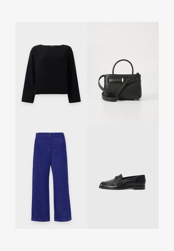 Črn, dolg rokav, zgornji del z okroglim izrezom, izdelan iz gladkega blaga. Oblikovanje je skrajšano s pravim robom. Minimalističen slog.; Široke hlače iz žameta v temno modri barvi. Imajo gumbasto zapiranje, dva sprednja žepa in subtilno navpično rebrasto teksturo.; Črne usnjene loafers čevlje z gladko zgornjico, embosiranim linearnih vzorcem in dekorativno zaponko na sprednjem delu. Nizek blok pet.; Črna usnjena torbica z teksturirano površino, zgornjima ročajema in dolgim nastavljivim trakom. Ima zlatodimni kovinski okras spredaj.