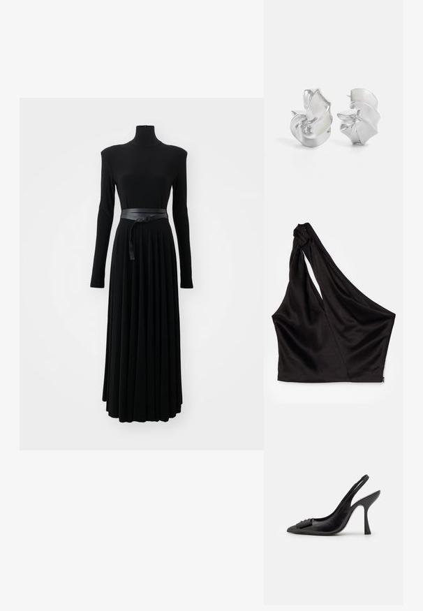 Top asimetric din satin negru cu o curea pe umăr, având un design drapat și închidere cu fermoar pe lateral. Textură moale.; Norma Kamali SHOULDER PAD TURTLE FLARED DRESS TO MIDCALF - Rochie din jerseu - black; Pantofii slingback din piele neagră, cu vârf ascuțit, toc subțire și un accent decorativ sub formă de fundiță. Textură netedă și design elegant.; Geantă de umăr metalică argintie, cu o textură netedă, design curbat, curea din lanț și un panou frontal lustruit, având o gravură subtilă a logo-ului.; Cercei din argint cu un design fluid, spiralat. Textură netedă cu o finisare lustruită. Prezintă un aspect subtire, strălucitor și fără embellishments vizibile.