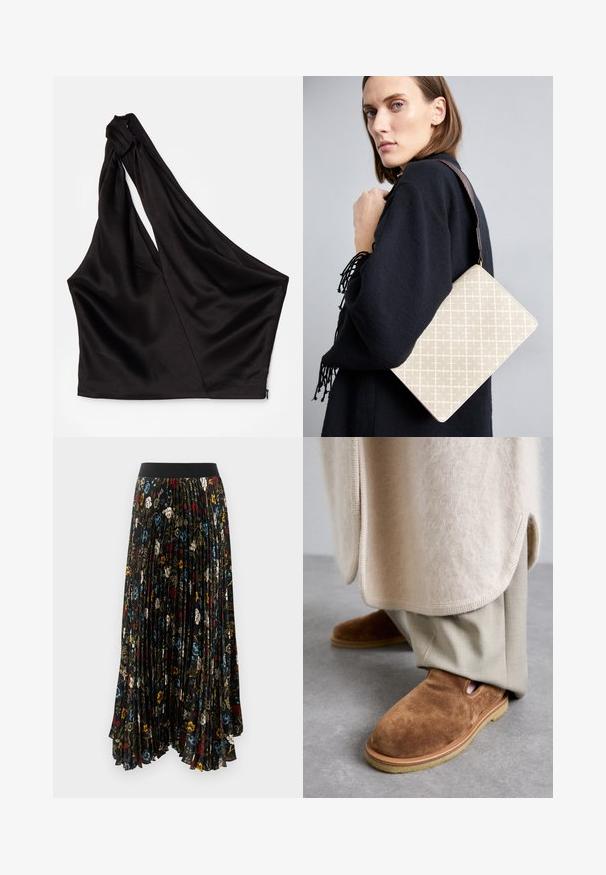 Asimetrinė juoda satino palaidinė su viena petneša, turinti drapiruotą dizainą ir šoniniu užtrauktuku. Minkšta tekstūra.; Juoda pločio sijonas su raukšlėmis, papuoštas raudonais, mėlynais ir baltais gėlių ornamentais, su vientisu juodu elastingu juosmeniu.; Rudos zomšiniai bateliai suapvalintu pirštu, guminis padas ir šoninės išpjovos detalė, dėvimi su šviesiai smėlinėmis pritaikytomis kelnėmis.; Bežinė raštuota pečių tašė su struktūrine forma, turinti rudą tekstūruotą diržą. Nešama modelio prieš pilką foną.