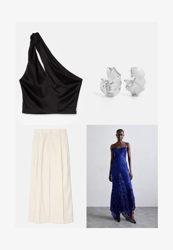 Haut asymétrique en satin noir avec une seule bretelle, présentant un design drapé et une fermeture éclair sur le côté. Texture douce.; Pantalons larges en tissu crème doux et léger. Comprend des plis à l'avant, des passants de ceinture et une texture lisse. Design ajusté avec une finition soignée.; Robe maxi à imprimé animal bleu et violet avec de fines bretelles, un corsage ajusté, un ourlet évasé et des détails en superposition transparente.; Boucles d'oreilles en argent avec un design en spirale fluide. Texture lisse avec une finition polie. Présente un éclat subtil et sans ornements visibles.