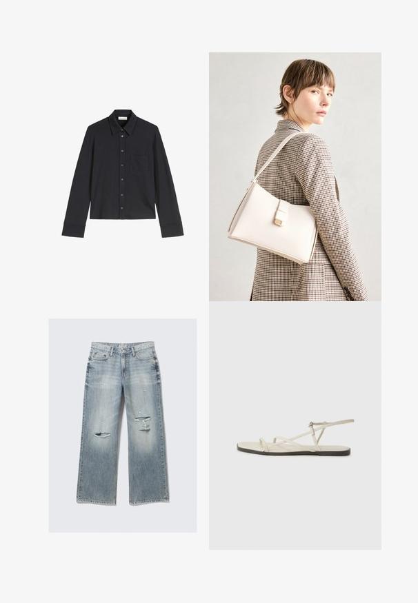 Crna majica dugih rukava od mekog materijala, s uskim okovratnikom, prednjim kopčanjem na dugmad, jednom džepom na grudima i manžetama.; Svijetloplave traper široke hlače s izlizanim detaljima, rastrganim rubovima i izblijelim završetkom. Ima prednje džepove i klasičan struk.; Bež sandala na ravnom potplatu s više tankih trakica i podesivom kopčom. Potplat je ravan s blagim tamnim kontrastom na rubu.; Bijela kožna torba s čvrstim dizajnom, s magnetskim kopčanjem i remenom za rame, prikazana na neutralnoj pozadini.