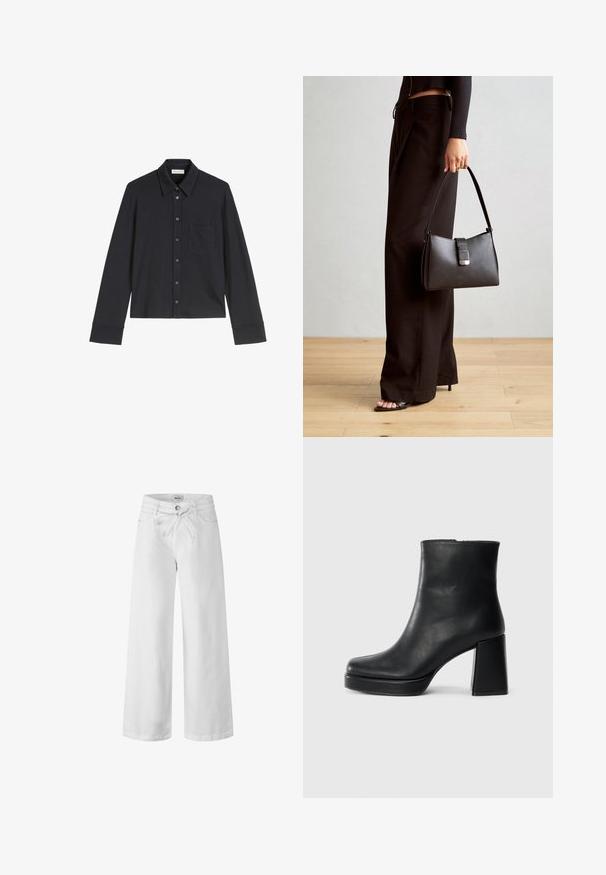 Mustat pitkähihainen paita, joka on valmistettu pehmeästä materiaalista. Paidassa on terävä kaulus, napitettavuus edessä, yksi rinnustasku ja cuffit hihansuissa.; Valkoiset leveälahkeiset farkut, joissa on nyörikiinnitysvyötärö, etutaskut ja napitus. Sujuva pinta ja yksinkertainen muotoilu.; Musta nahkasaapas nilkkapituisena, jossa on paksu korko ja alustapohja, nähtynä sivulta yksinkertaisella valkoisella taustalla.; Musta käsilaukku, jossa on rakenteellinen muoto, sileä pinta ja metallinen solki. Yhdistetty leveisiin mustiin housuihin ja avonaiheisiin sandaaleihin puulattialla.