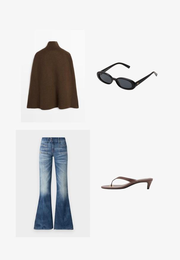 Brązowy prążkowany sweter-kapelusz z wysokim kołnierzem i płynna sylwetką, zaprojektowany bez zapięć, z teksturowaną powierzchnią.; Jeans dżinsowe w kolorze niebieskim z rozszerzanym dołem, w gradientzie od jasnego do ciemnego, z dwiema przednimi kieszeniami i zapięciem na guzik. Charakteryzują się minimalnym przeszyciem i gładką fakturą.; Brązowe sandały na obcasie w stylu klapek z wąskim paskiem i zaokrąglonym palcem, z małym złotym akcentem na wkładce.; Czarne, oversize okulary przeciwsłoneczne z owalnymi soczewkami, gładkim plastikowym mostkiem i złotymi akcentami na zausznikach. Ciemne soczewki zapewniają ochronę przed słońcem.; Miękka, brązowa torebka w stylu hobo z jedną szeroką rączką i wyprofilowanym otwarciem, wyeksponowana na białym tle.