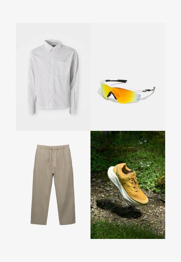 Camicia bianca a maniche lunghe con bottoni, caratterizzata da strisce verticali nere e una tasca sul petto a sinistra, posata su uno sfondo bianco.; Pantaloni in cotone beige con vita elastica e cordoncino regolabile. Design a gamba dritta con tasche laterali e una texture liscia.; Scarpa da corsa gialla Salomon sospesa sopra un sentiero di ghiaia circondato da erba verde e piccoli fiori selvatici in luce naturale.; Occhiali da sole sportivi bianchi con design curvo, dettagli in gomma nera e lenti specchiate arancione-giallo che sfumano nel blu.; Orologio in acciaio inox argentato con quadrante rotondo bianco, lunetta tachimetrica nera, dettagli verdi e bracciale in metallo a maglie.