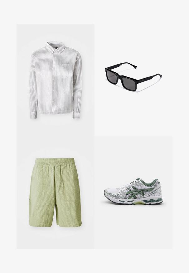 Balta ilgomis rankovėmis marškiniai su juodomis vertikaliomis juostelėmis ir kairėje krūtinės pusėje kišene, išdėstyti ant balto fono.; Šviesiai žali šortai, pagaminti iš tekstūruoto audinio, turi elastingą juosmenį ir šonines kišenes. Dizainas apima subtilų vaflinį raštą.; Baltos bėgimo bateliai su sidabriniais akcentais, žaliu tinklinio apvadu ir žaliomis juostelėmis. Savybėmis pasižymi tekstūruotas tinklinis viršus ir paminkštintas padas.; Juodos stačiakampės saulės akinius su tamsiais lęšiais; blizgaus plastiko rėmas su tiesiomis šakėmis ir subtiliu logotipo detalizavimu šone.