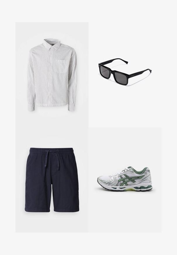 Fehér, hosszú ujjú gombos ing fekete függőleges csíkokkal és egy bal oldali mellzsebbel, síkban elhelyezve egy fehér háttéren.; Sötétkék, könnyű anyagból készült rövidnadrág, rugalmas derékkal, zsinórral és oldalsó zsebekkel. Kényelmes dizájn, tűzött szegélyekkel.; Fehér futócipő ezüst kiegészítőkkel, zöld hálós gallérral és zöld csíkokkal. Jellemzője a texturált hálós felsőrész és a párnázott talp.; Fekete téglalap alakú napszemüveg sötét lencsékkel; fényes műanyag keret egyenes szárakkal és diszkrét logóval az oldalon.; Ezüst rozsdamentes acél óra kerek fehér számlappal, fekete tachyméter kerettel, zöld kiegészítőkkel és fém láncszíjjal.