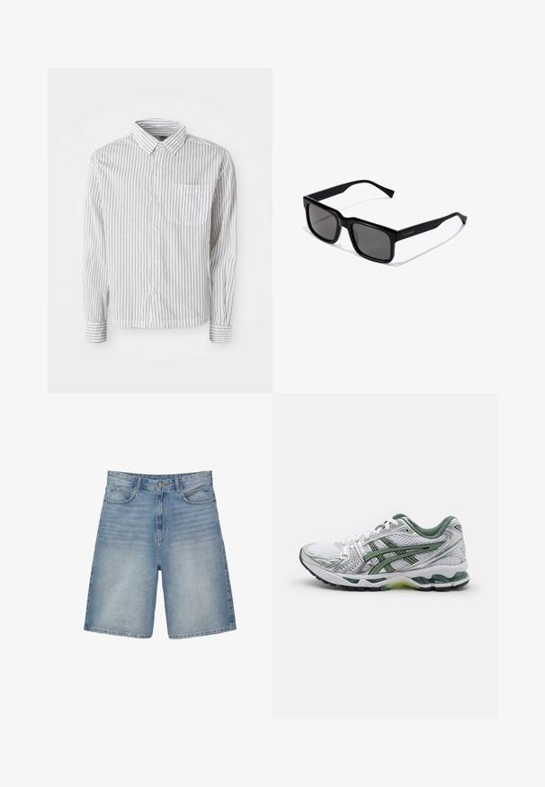 Bela srajca z dolgimi rokavi in črnimi vertikalnimi črtami, z gumbi spredaj in žepom na levem prsnem delu, položena na belo ozadje.; Svetlo modri denim kratki hlače s ravno zasnovo imajo pet žepov, zadrgo in rahlo zbledel videz.; Bele teniške za tek v beli barvi z srebrnimi detajli, zelenim mrežastim ovratnikom in zelenimi črtami. Imajo teksturirano mrežasto zgornji del in oblazinjeno podplat.; Črne pravokotne sončne očala s temnimi lečami; lesketajoč plastičen okvir s ravnimi nosilci in subtilnim logotipom na strani.